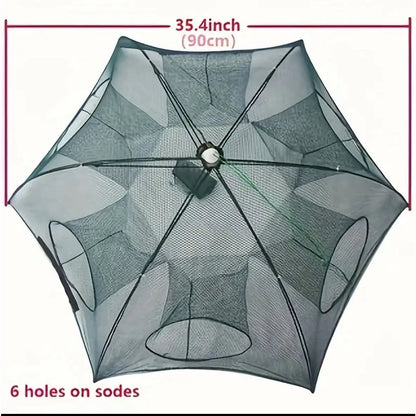 6-Hole Collapsible Fish and Crab Trap, 35.4in Portable Nylon Mesh Net