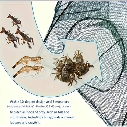 6-Hole Collapsible Fish and Crab Trap, 35.4in Portable Nylon Mesh Net