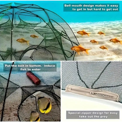 6-Hole Collapsible Fish and Crab Trap, 35.4in Portable Nylon Mesh Net