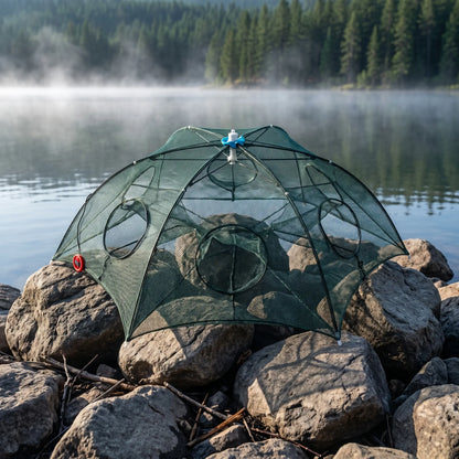 6-Hole Collapsible Fish and Crab Trap, 35.4in Portable Nylon Mesh Net
