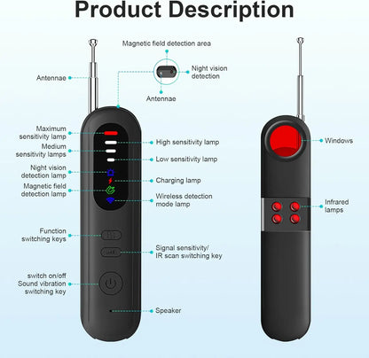 Portable Hidden Camera and Wireless Signal Detector with Magnetic Scan