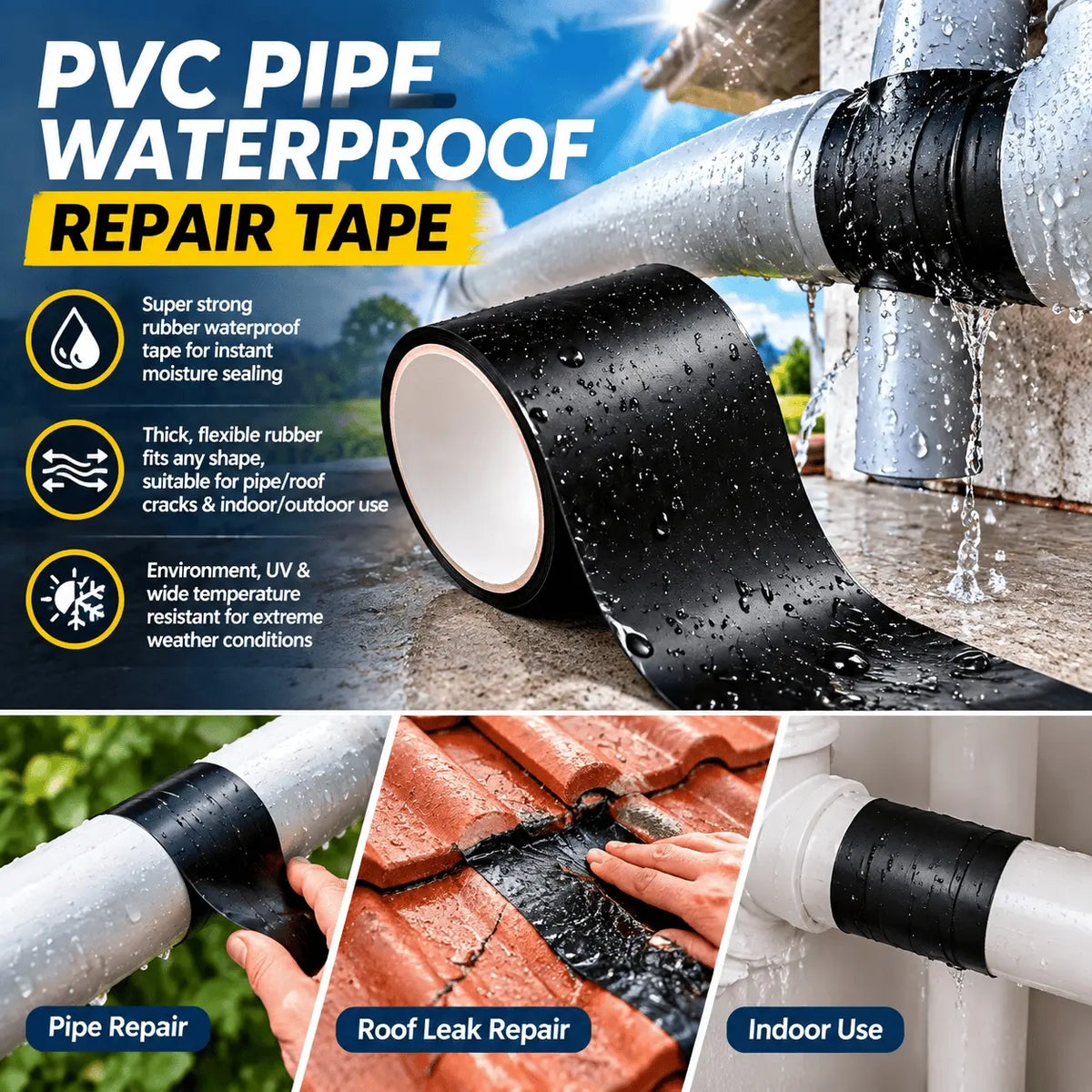 Heavy-Duty Black Waterproof Repair Tape, 4 in x 5 ft
