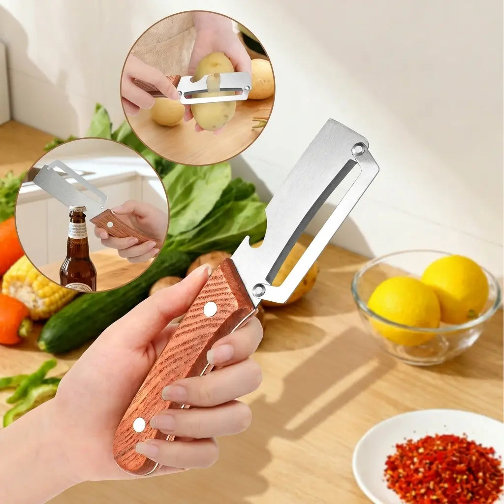 Wooden-Handled Stainless Steel Vegetable Peeler with Bottle Opener