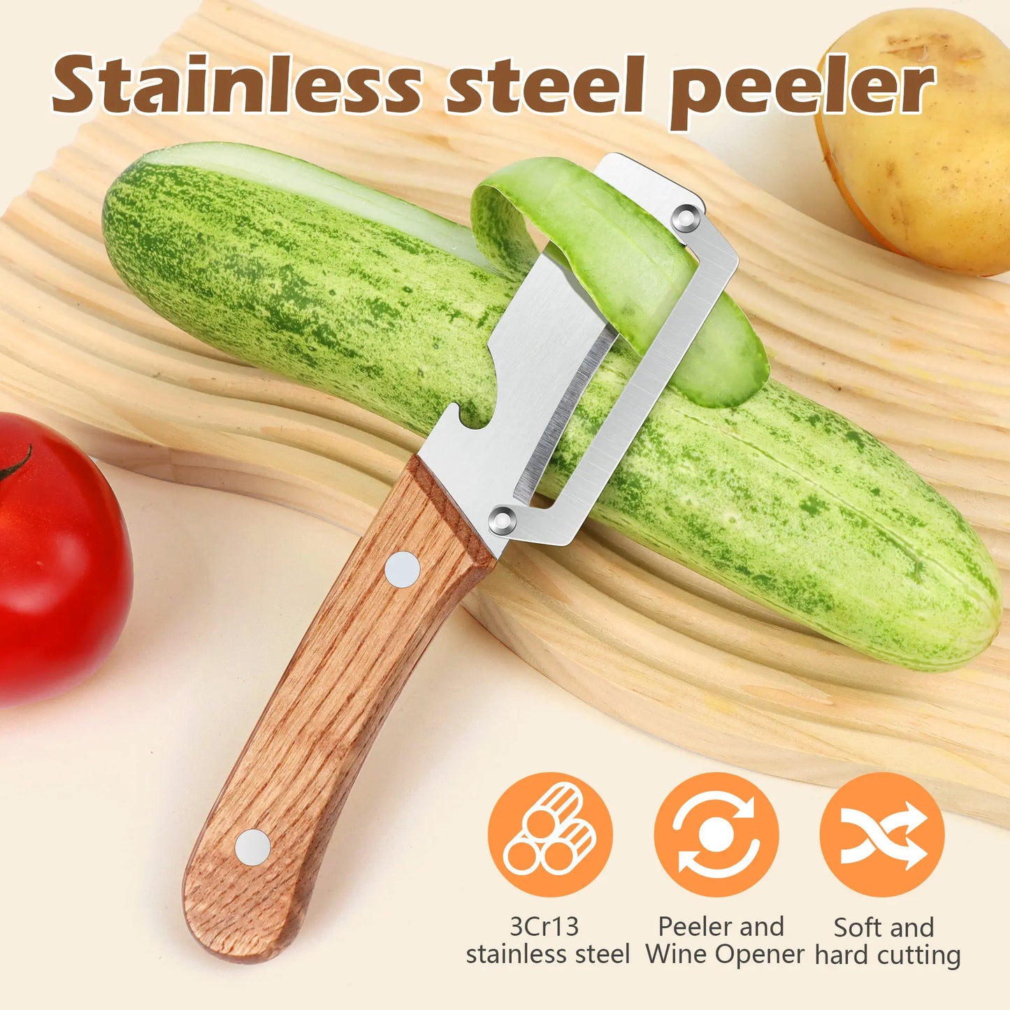Wooden-Handled Stainless Steel Vegetable Peeler with Bottle Opener