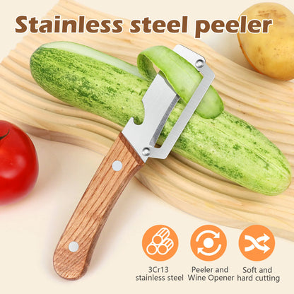 Wooden-Handled Stainless Steel Vegetable Peeler with Bottle Opener