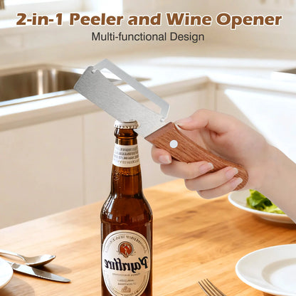 Wooden-Handled Stainless Steel Vegetable Peeler with Bottle Opener