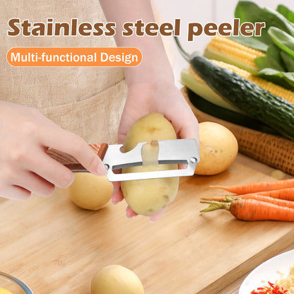 Wooden-Handled Stainless Steel Vegetable Peeler with Bottle Opener