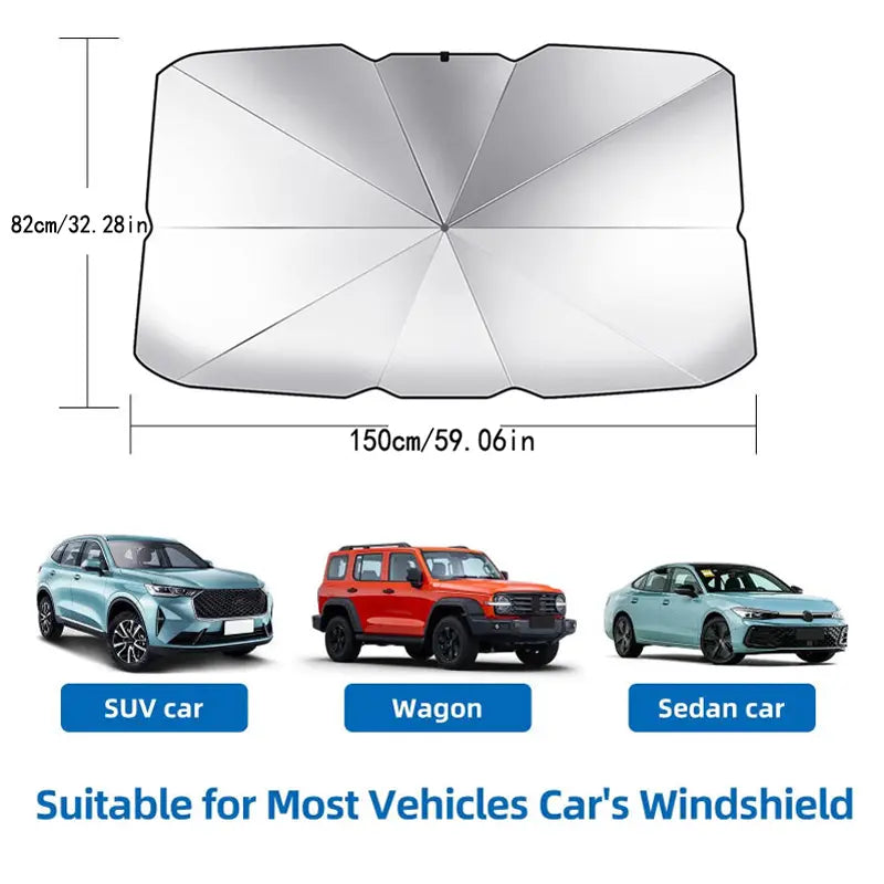 10-Rib Foldable Car Windshield Sunshade Umbrella - Titanium Silver UV Blocking Heat Insulator with Safety Hammer