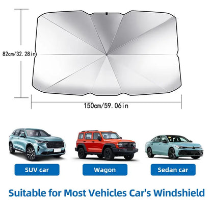 10-Rib Foldable Car Windshield Sunshade Umbrella - Titanium Silver UV Blocking Heat Insulator with Safety Hammer